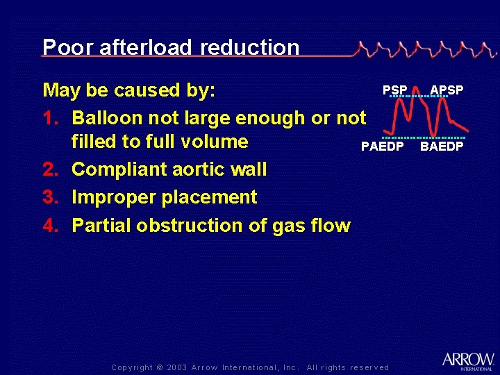 Poor afterload reduction PSP May be caused by: 1. Balloon not large enough or