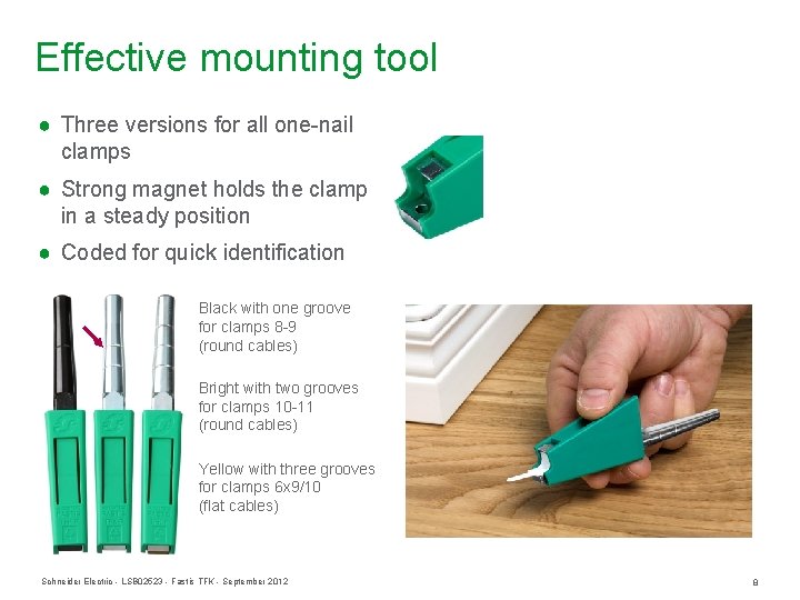 Effective mounting tool ● Three versions for all one-nail clamps ● Strong magnet holds Effective mounting tool ● Three versions for all one-nail clamps ● Strong magnet holds