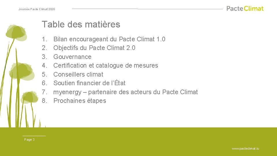 Journée Pacte Climat 2020 Table des matières 1. 2. 3. 4. 5. 6. 7.
