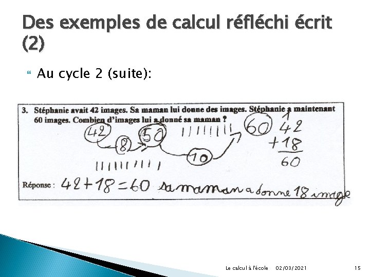 Des exemples de calcul réfléchi écrit (2) Au cycle 2 (suite): Le calcul à