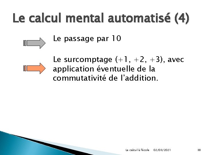 Le calcul mental automatisé (4) Le passage par 10 Le surcomptage (+1, +2, +3),