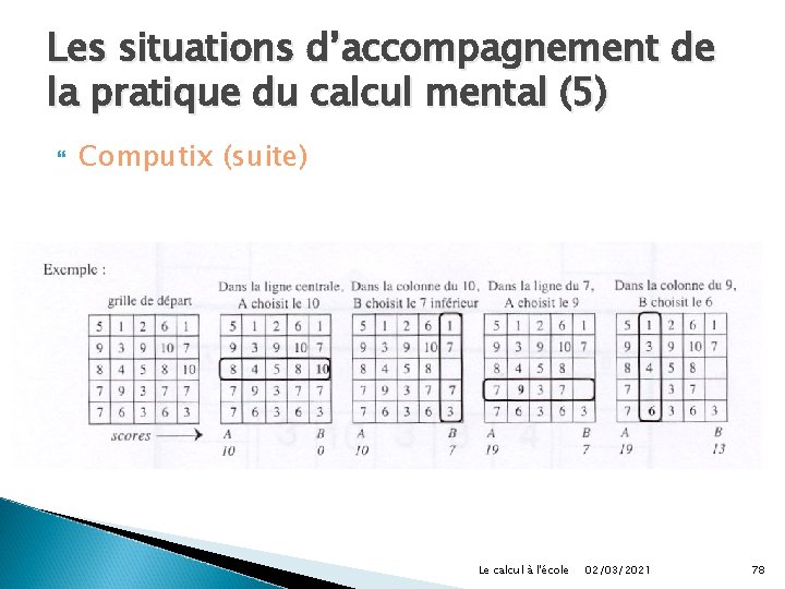 Les situations d’accompagnement de la pratique du calcul mental (5) Computix (suite) Le calcul