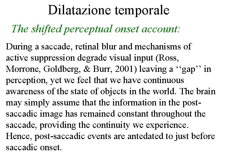 Dilatazione temporale The shifted perceptual onset account: During a saccade, retinal blur and mechanisms