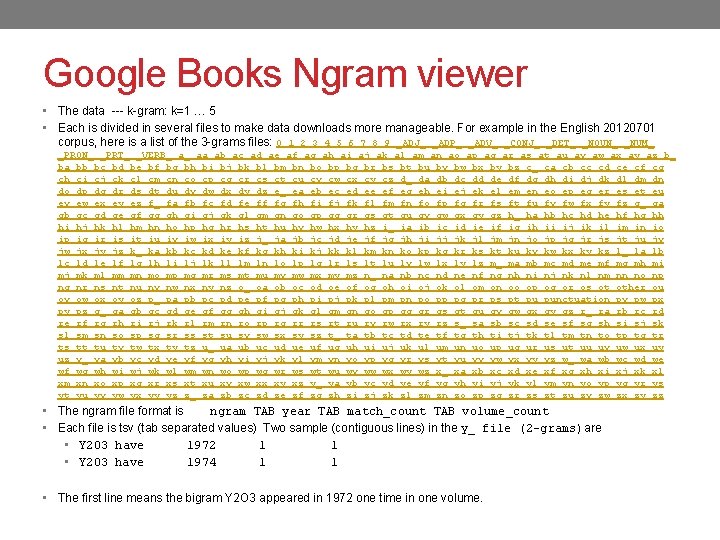 Google Books Ngram viewer • The data --- k-gram: k=1 … 5 • Each