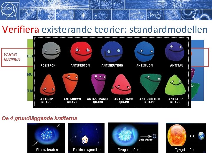 Verifiera existerande teorier: standardmodellen LEPTONS VANLIG MATERIA QUARKS ELECTRON NEUTRINO UP DOWN MUON NEUTRINO Verifiera existerande teorier: standardmodellen LEPTONS VANLIG MATERIA QUARKS ELECTRON NEUTRINO UP DOWN MUON NEUTRINO