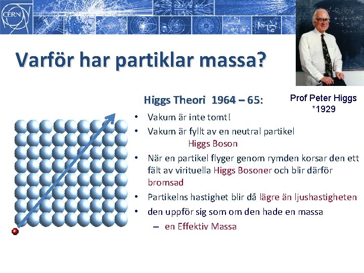 Varför har partiklar massa? Higgs Theori 1964 – 65: Prof Peter Higgs *1929 Varför har partiklar massa? Higgs Theori 1964 – 65: Prof Peter Higgs *1929