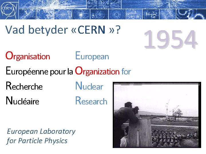 Vad betyder « » ? CERN Organisation European Européenne pour la Organization for Recherche Vad betyder « » ? CERN Organisation European Européenne pour la Organization for Recherche