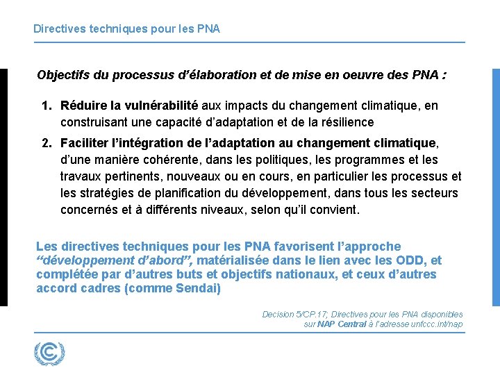 Directives techniques pour les PNA Objectifs du processus d’élaboration et de mise en oeuvre