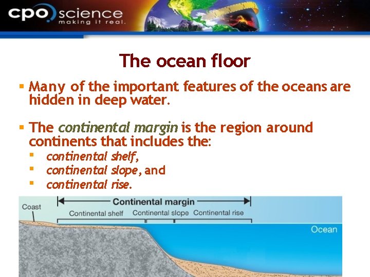 The ocean floor Many of the important features of the oceans are hidden in