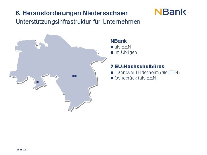 6. Herausforderungen Niedersachsen Unterstützungsinfrastruktur für Unternehmen NBank als EEN Im Übrigen 2 EU-Hochschulbüros Seite