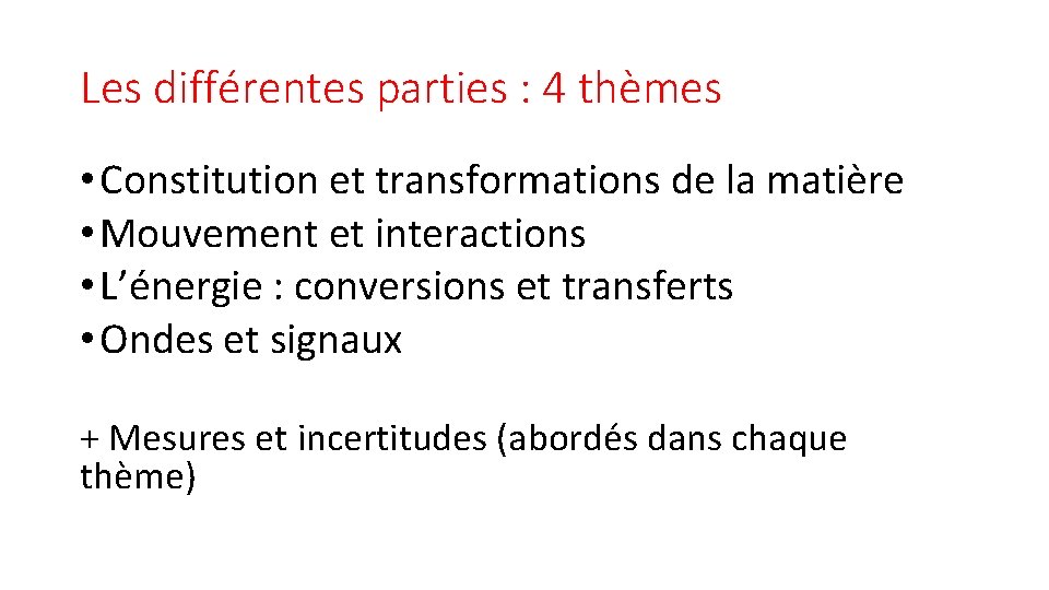 Les différentes parties : 4 thèmes • Constitution et transformations de la matière •