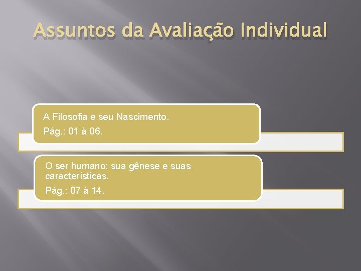 Assuntos da Avaliação Individual A Filosofia e seu Nascimento. Pág. : 01 à 06.