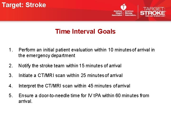 Target: Stroke Time Interval Goals 1. Perform an initial patient evaluation within 10 minutes Target: Stroke Time Interval Goals 1. Perform an initial patient evaluation within 10 minutes