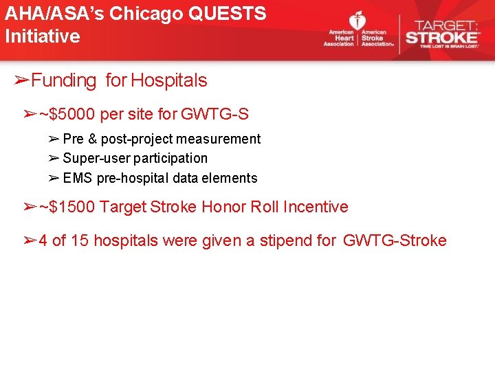 AHA/ASA’s Chicago QUESTS Initiative ➢Funding for Hospitals ➢~$5000 per site for GWTG-S ➢ Pre AHA/ASA’s Chicago QUESTS Initiative ➢Funding for Hospitals ➢~$5000 per site for GWTG-S ➢ Pre