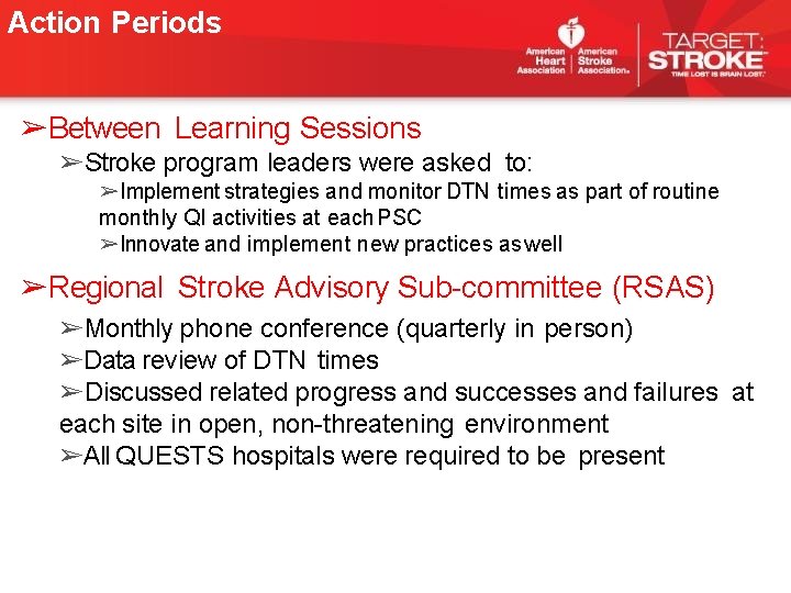 Action Periods ➢Between Learning Sessions ➢Stroke program leaders were asked to: ➢Implement strategies and Action Periods ➢Between Learning Sessions ➢Stroke program leaders were asked to: ➢Implement strategies and