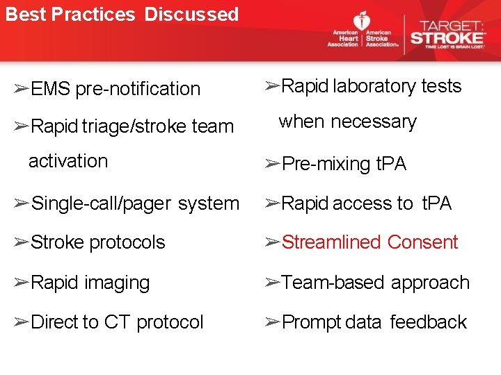 Best Practices Discussed ➢EMS pre-notification ➢Rapid triage/stroke team activation ➢Rapid laboratory tests when necessary Best Practices Discussed ➢EMS pre-notification ➢Rapid triage/stroke team activation ➢Rapid laboratory tests when necessary