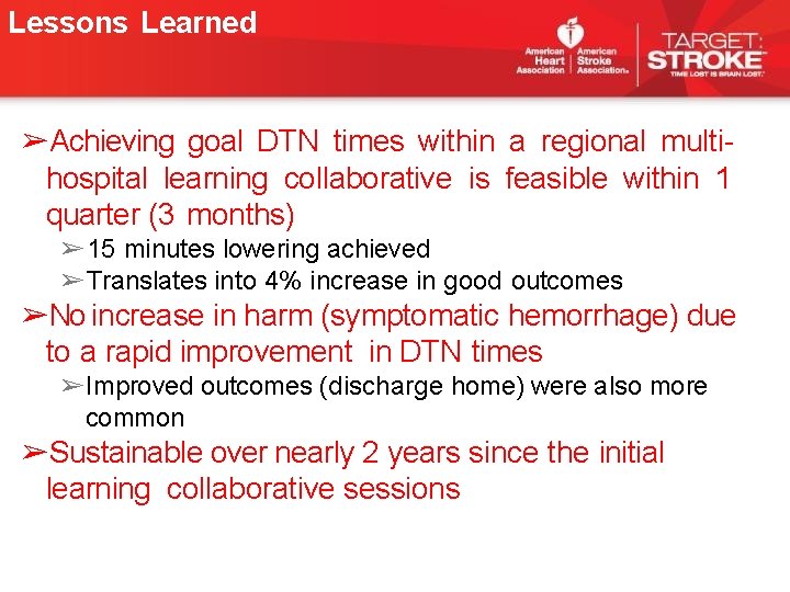 Lessons Learned ➢Achieving goal DTN times within a regional multihospital learning collaborative is feasible Lessons Learned ➢Achieving goal DTN times within a regional multihospital learning collaborative is feasible