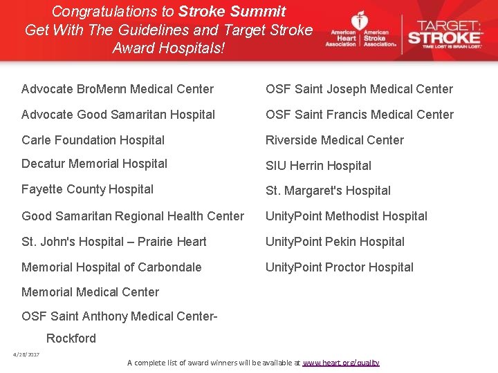 Congratulations to Stroke Summit Get With The Guidelines and Target Stroke Award Hospitals! Advocate Congratulations to Stroke Summit Get With The Guidelines and Target Stroke Award Hospitals! Advocate