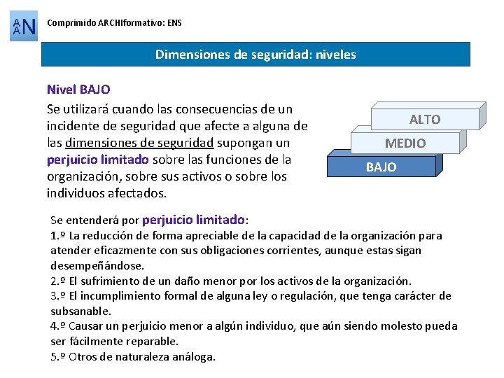 Comprimido ARCHIformativo: ENS Dimensiones de seguridad: niveles Nivel BAJO Se utilizará cuando las consecuencias