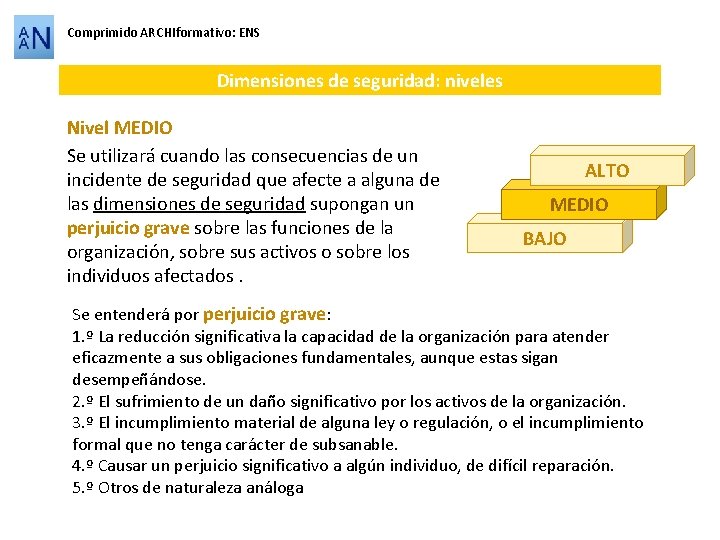 Comprimido ARCHIformativo: ENS Dimensiones de seguridad: niveles Nivel MEDIO Se utilizará cuando las consecuencias