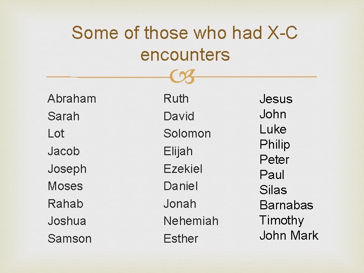 Some of those who had X-C encounters Abraham Sarah Lot Jacob Joseph Moses Rahab