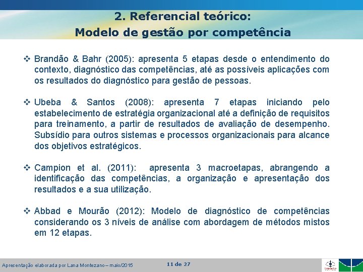 2. Referencial teórico: Modelo de gestão por competência v Brandão & Bahr (2005): apresenta