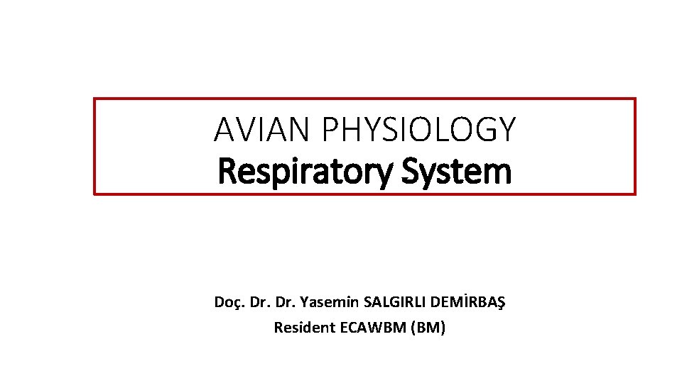 AVIAN PHYSIOLOGY Respiratory System Doç. Dr. Yasemin SALGIRLI DEMİRBAŞ Resident ECAWBM (BM) 