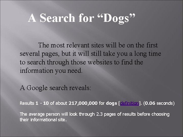 A Search for “Dogs”. The most relevant sites will be on the first several