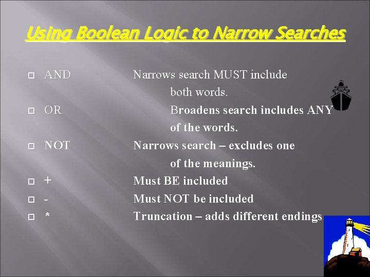 Using Boolean Logic to Narrow Searches AND OR NOT + * Narrows search MUST