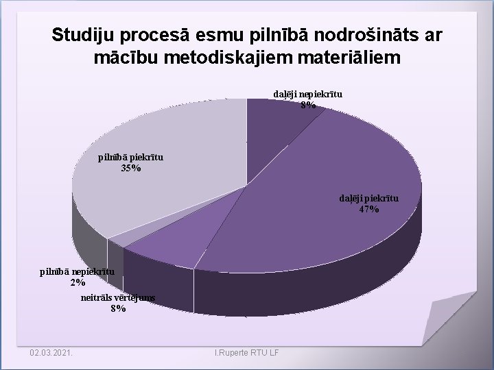 Studiju procesā esmu pilnībā nodrošināts ar mācību metodiskajiem materiāliem daļēji nepiekrītu 8% pilnībā piekrītu