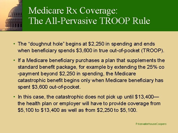 Medicare Rx Coverage: The All-Pervasive TROOP Rule • The “doughnut hole” begins at $2,
