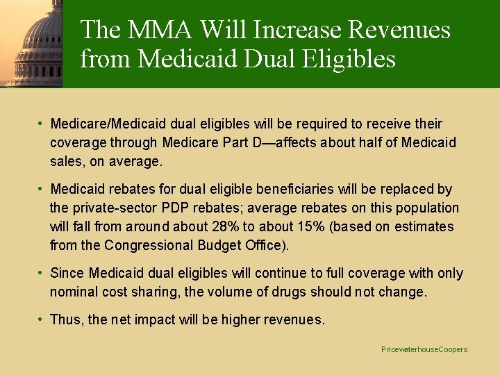 The MMA Will Increase Revenues from Medicaid Dual Eligibles • Medicare/Medicaid dual eligibles will
