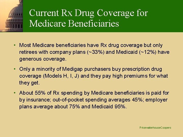 Current Rx Drug Coverage for Medicare Beneficiaries • Most Medicare beneficiaries have Rx drug