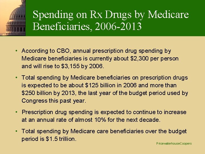 Spending on Rx Drugs by Medicare Beneficiaries, 2006 -2013 • According to CBO, annual