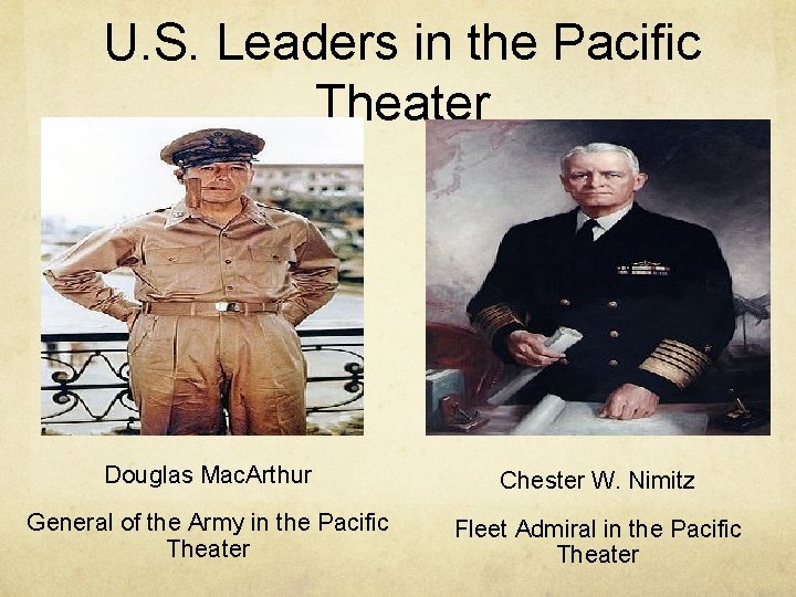 U. S. Leaders in the Pacific Theater Douglas Mac. Arthur Chester W. Nimitz General