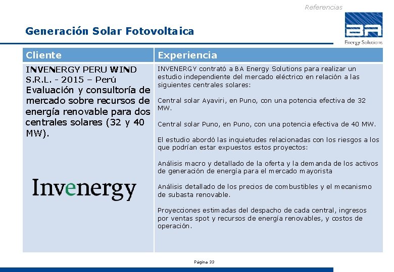 Referencias Generación Solar Fotovoltaica Cliente Experiencia INVENERGY PERU WIND S. R. L. - 2015