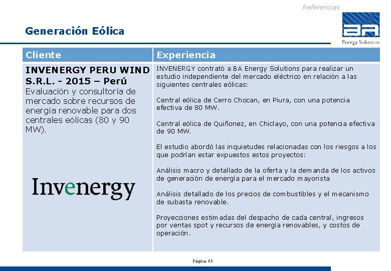 Referencias Generación Eólica Cliente Experiencia INVENERGY PERU WIND S. R. L. - 2015 –