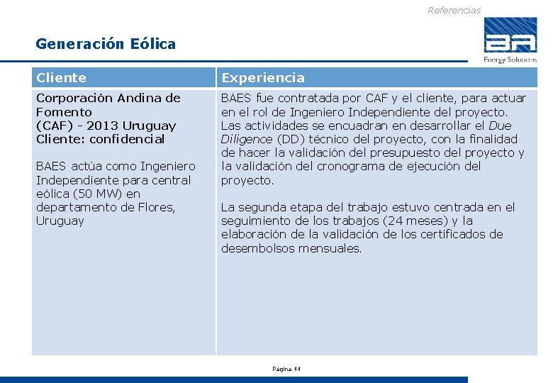 Referencias Generación Eólica Cliente Experiencia Corporación Andina de Fomento (CAF) - 2013 Uruguay Cliente:
