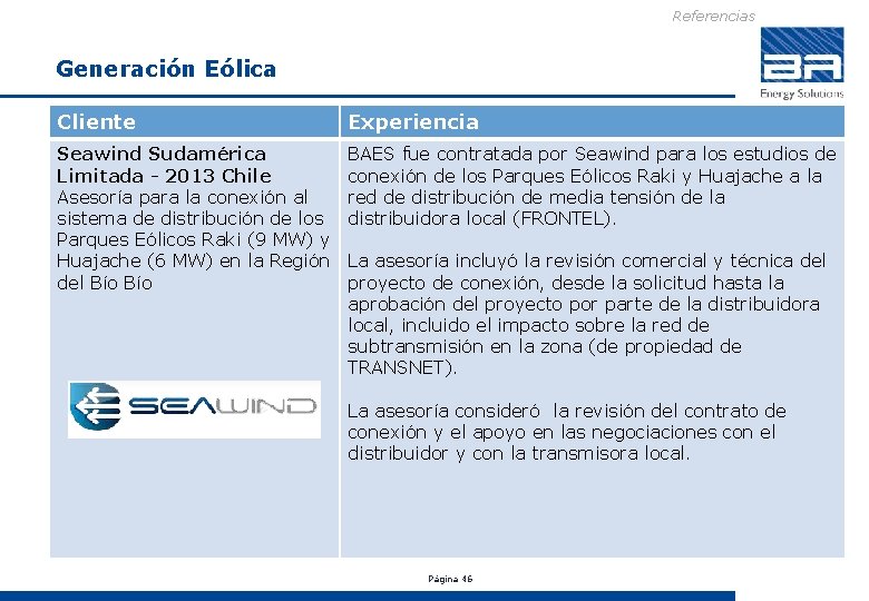 Referencias Generación Eólica Cliente Experiencia Seawind Sudamérica Limitada - 2013 Chile Asesoría para la