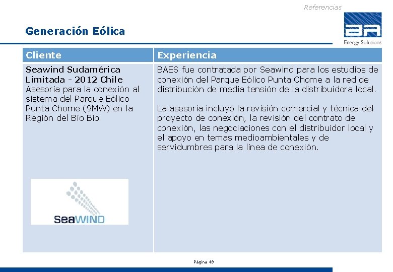Referencias Generación Eólica Cliente Experiencia Seawind Sudamérica Limitada - 2012 Chile Asesoría para la