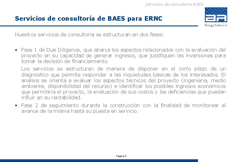 Servicios de consultoría BAES Servicios de consultoría de BAES para ERNC Nuestros servicios de