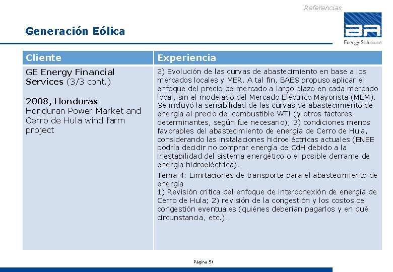 Referencias Generación Eólica Cliente Experiencia GE Energy Financial Services (3/3 cont. ) 2) Evolución