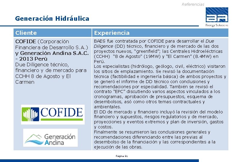 Referencias Generación Hidráulica Cliente Experiencia COFIDE (Corporación Financiera de Desarrollo S. A. ) y