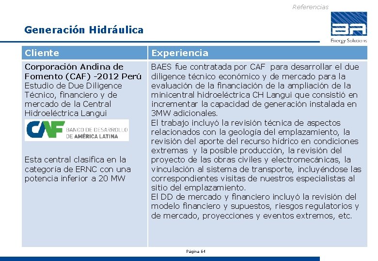 Referencias Generación Hidráulica Cliente Experiencia Corporación Andina de Fomento (CAF) -2012 Perú Estudio de