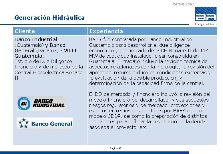 Referencias Generación Hidráulica Cliente Experiencia Banco Industrial (Guatemala) y Banco General (Panamá) - 2011