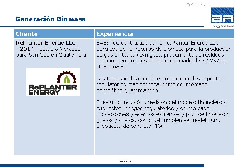 Referencias Generación Biomasa Cliente Experiencia Re. Planter Energy LLC - 2014 - Estudio Mercado
