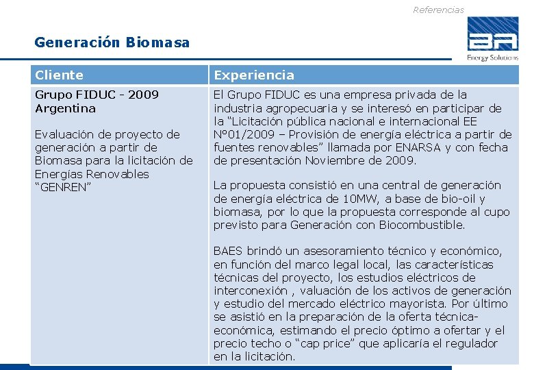 Referencias Generación Biomasa Cliente Experiencia Grupo FIDUC - 2009 Argentina El Grupo FIDUC es