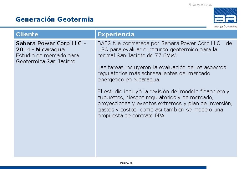 Referencias Generación Geotermia Cliente Experiencia Sahara Power Corp LLC 2014 - Nicaragua Estudio de