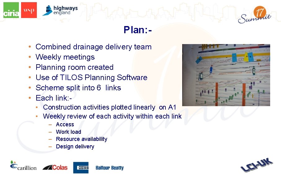 Plan: • • • Combined drainage delivery team Weekly meetings Planning room created Use