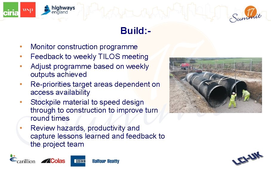 Build: • • • Monitor construction programme Feedback to weekly TILOS meeting Adjust programme